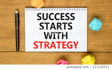 Success starts with strategy symbol. Concept words Success starts with strategy on beautiful white note. Beautiful wooden background. Business and success starts with strategy concept. Copy space. 121120315