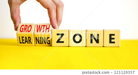 Learning or growth zone symbol. Concept words Learning zone Growth zone on wooden cubes. Beautiful yellow table white background. Psychologist hand. Business learning growth zone concept. Copy space. Learning or growth zone symbol. Concept words Learning zone Growth zone on wooden cubes. Beautiful yellow table white background. Psychologist hand. Business learning growth zone concept. Copy space. 121120357