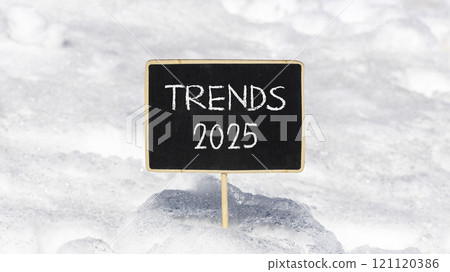 Planning trends 2025 new year symbol. Concept words Trends 2025 on beautiful yellow chalk blackboard. Beautiful white snow background. Business trends 2025 new year concept. Copy space. Planning trends 2025 new year symbol. Concept words Trends 2025 on beautiful yellow chalk blackboard. Beautiful white snow background. Business trends 2025 new year concept. Copy space. 121120386