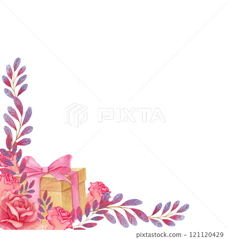 Watercolor corner frame of gifts, roses, pink and violet brunches. 121120429