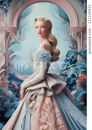An elegant woman in a whimsical fantasy landscape 121120431