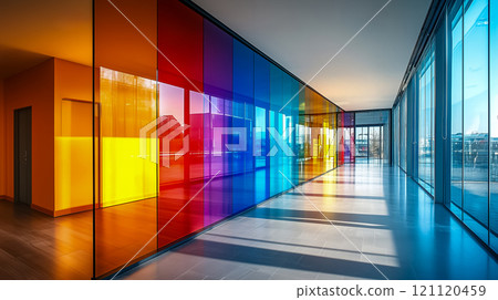 Modern interior design with a vibrant polychromatic glass wall 121120459