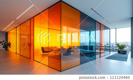 Modern interior design with a vibrant polychromatic glass wall Modern interior design with a vibrant polychromatic glass wall 121120460