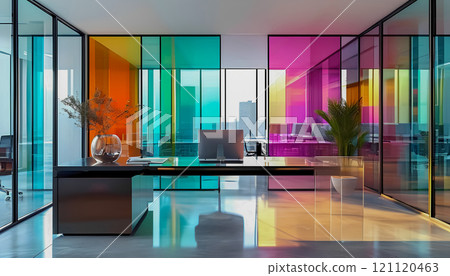 Modern interior design with a vibrant polychromatic glass wall Modern interior design with a vibrant polychromatic glass wall 121120463