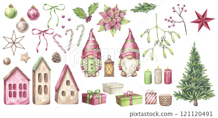 Christmas gnomes banner set in red green colours. Xmas attributes spruce, gift boxes balloons star candles lodges candy cane. New Year character. Hand draw watercolor illustration isolated background. 121120491