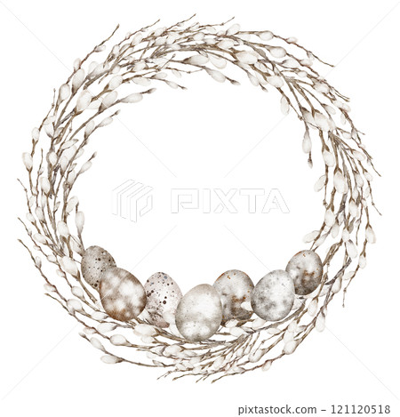 Watercolor illustration of a willow branch with delicate quail eggs and natural elements. Elegant design for Easter or wedding invitations with a touch of rustic charm. 121120518