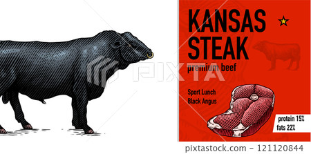 Sirloin steak banner in Vintage style. Hand drawn Cow poster. Farm cattle bulls. Slice of meat Sirloin steak banner in Vintage style. Hand drawn Cow poster. Farm cattle bulls. Slice of meat 121120844