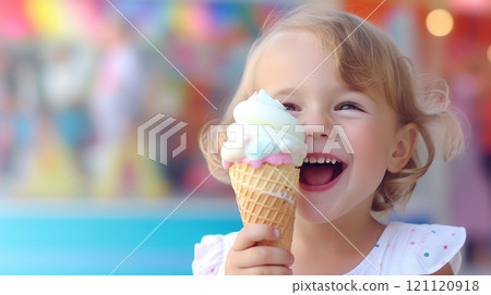 Cheerful little girl enjoying vibrant rainbow ice cream cone on sunny day Cheerful little girl enjoying vibrant rainbow ice cream cone on sunny day 121120918