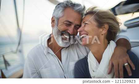 Smiling caucasian middle age couple enjoying leisure sailboat ride in summer 121120923