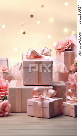 Gifts for March 8th, Mothers day, Pink Present boxes background, copy space 121120924