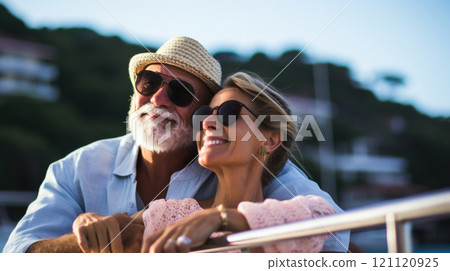 Smiling caucasian middle age couple enjoying leisure sailboat ride in summer Smiling caucasian middle age couple enjoying leisure sailboat ride in summer 121120925