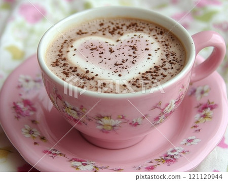 A pink cup adorned with floral designs holds hot cocoa with a heart-shaped foam, perfect for celebrating love on Valentine's Day. 121120944