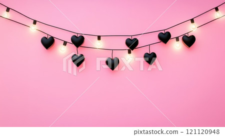 Heart-shaped lights hang against a pink background, illuminating a festive atmosphere perfect for romantic occasions and celebrations. 121120948