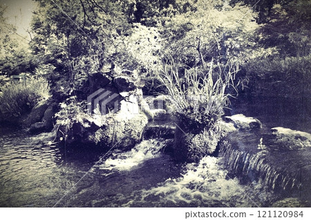 River waterfall in Ireland, old black and white photo 121120984