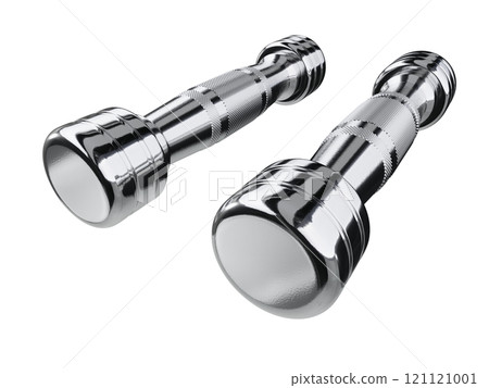 Two blank Round Dumbbells, chrome weightlifting gym equipment wide angle view Two blank Round Dumbbells, chrome weightlifting gym equipment wide angle view 121121001