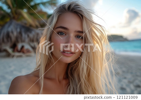 Influencer posing on a tropical beach at sunset 121121009