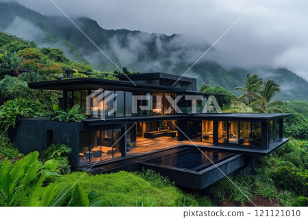 Luxurious sustainable house glowing in the misty jungle at dusk 121121010