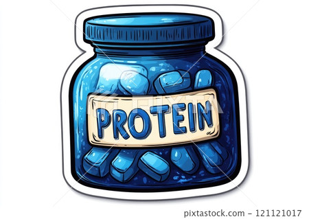 Blue glass jar full of protein supplement is promoting healthy lifestyle 121121017