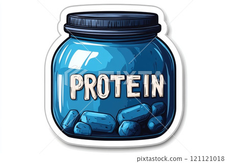Blue glass jar full of protein supplement is promoting healthy lifestyle 121121018