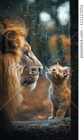Majestic lion meeting tiny kitten through glass in zoo 121121052