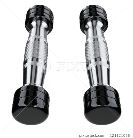 Two blank Round Dumbbells, black weightlifting gym equipment top view Two blank Round Dumbbells, black weightlifting gym equipment top view 121121056