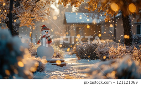 Snowman wearing knitted hat and scarf enjoying winter snowfall in suburban setting 121121069