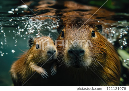 Capybara mother and baby swimming underwater in clear water 121121076