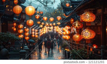 Chinese Lantern Festival. sense of tranquility and festivity pervades atmosphere as people stroll through lantern-lit streets, enjoying vibrant displays and partaking in traditional festivities. 121121201