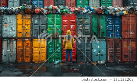 A photorealistic depiction of a person surrounded by recycled products, their presence symbolizing the transformation of waste into valuable resources. 121121202