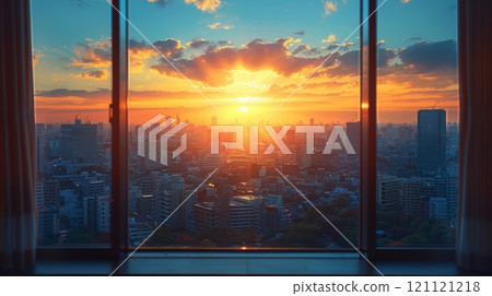 view from the window of Japan. Soft backlight. cozy and warm apartment view from window of downtown city and lamp inside of typical small apartment building room 121121218