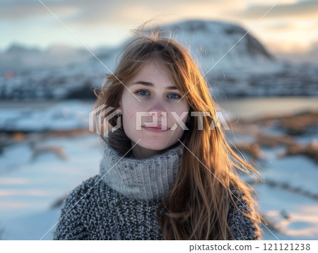 Realistic photo portrait of a Scandinavian girl against the backdrop of Lofoten. Winter, dramatic backlight. 121121238