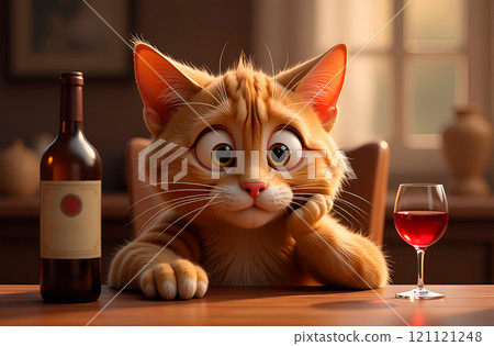 Depressed cartoon funny cat sitting at table, propping his head up with paw. There is bottle and glass of wine nearby. Blue Monday 121121248