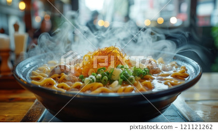 A bowl of steaming ramen stands on a table in a Japanese cafe . 121121262