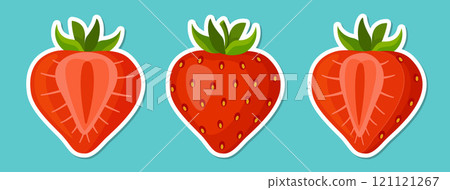 Strawberry sticker set, fresh bright halved and whole berries flat style isolated 121121267
