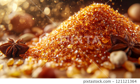 A rich, detailed macro shot of golden sugar crystals and star anise, evoking warm, festive culinary vibes 121121364