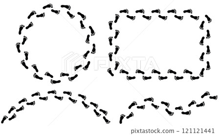 Black barefoot print frames and paths. Walking marks set. Round and square frames. Black barefoot print frames and paths. Walking marks set. Round and square frames. 121121441