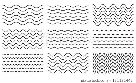 Thin line wavy seamless border collection. Wave pattern decoration. Set of curly zigzag lines. Thin line wavy seamless border collection. Wave pattern decoration. Set of curly zigzag lines. 121121442