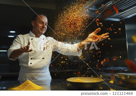 Waist up portrait of smiling professional chef tossing vibrant spices in air while working with Asian flavours in restaurant kitchen copy space 121121469
