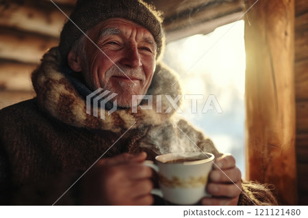 Waist up portrait of smiling senior man holding cup of hot tea standing in golden sunlight wearing knit clothes in rustic wooden cabin in winter 121121480