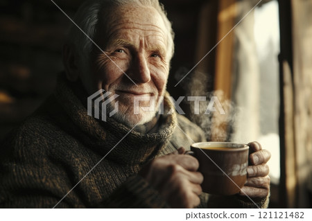 Closeup portrait of kind elderly man in knit sweater holding steaming mug with cocoa in rustic wooden cabin copy space 121121482
