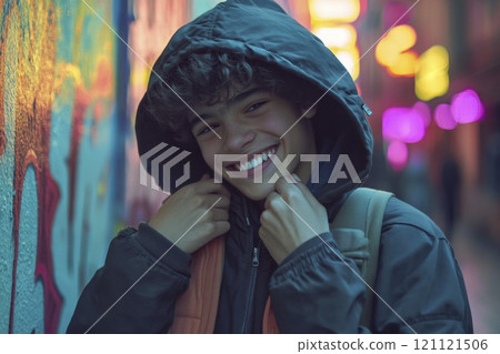 Waist up portrait of cheerful Latin American teenager wearing jacket with hood smiling at camera while standing in colorful urban street setting next to graffiti 121121506