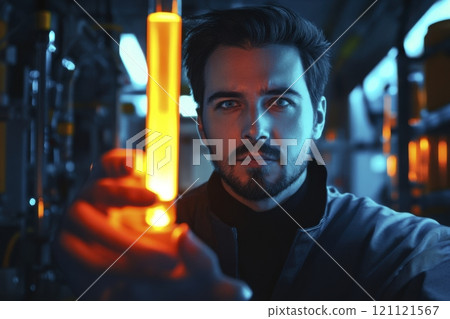 Waist up portrait of bearded man in futuristic sci-fi setting looking at camera and holding glowing neon test tube copy space Waist up portrait of bearded man in futuristic sci-fi setting looking at camera and holding glowing neon test tube copy space 121121567