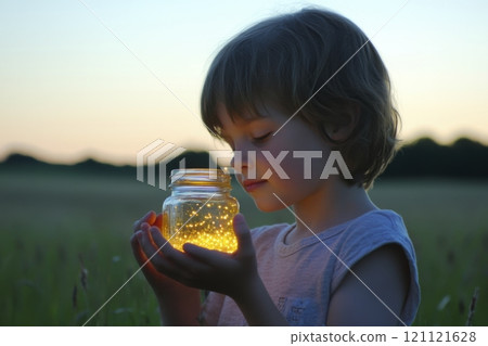 Side view portrait of cute child gazing at glowing jar of fireflies in twilight meadow copy space 121121628