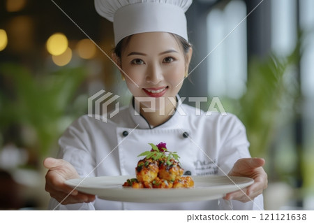 Waist up portrait of cheerful young Asian woman as chef looking at camera while presenting vibrant dish in bright ambient restaurant 121121638