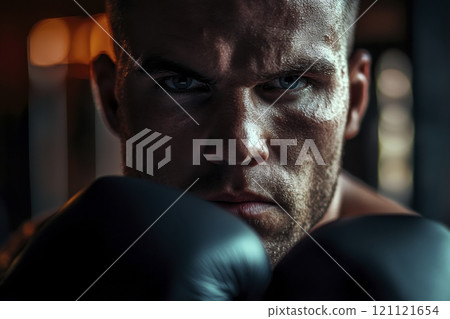 Closeup portrait of tough boxer with intense face expression raising fists with black gloves and looking at camera in moody lighting 121121654