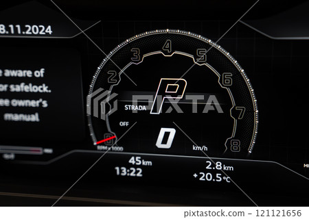 Close up of Lamborghini Urus Performante dashboard showing tachometer, speedometer at 0 km or h, and STRADA mode. Odometer reads 45 km, temperature 20.5degC. 121121656