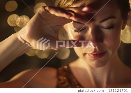 Ambient closeup portrait of beautiful young woman with eyes closed in golden light with blurred lights in background bokeh effect 121121701