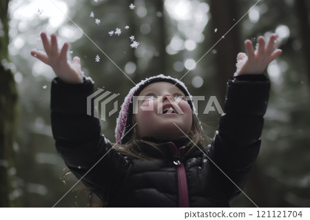 Waist up portrait of cute little girl raising hands catching snowflakes in forest and enjoying winter outdoors with happy smile 121121704
