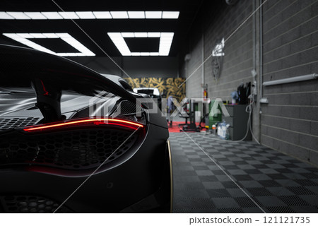 The image captures the rear of a McLaren 720S, emphasizing its sleek design and taillights. The setting is a modern garage with checkered flooring and bright lighting. The image captures the rear of a McLaren 720S, emphasizing its sleek design and taillights. The setting is a modern garage with checkered flooring and bright lighting. 121121735