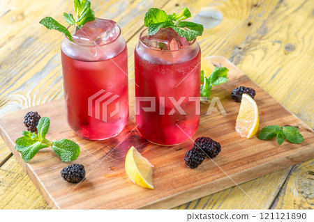 Blackberry Fizz Mocktail with mint, lime, and honey for a refreshing sip 121121890